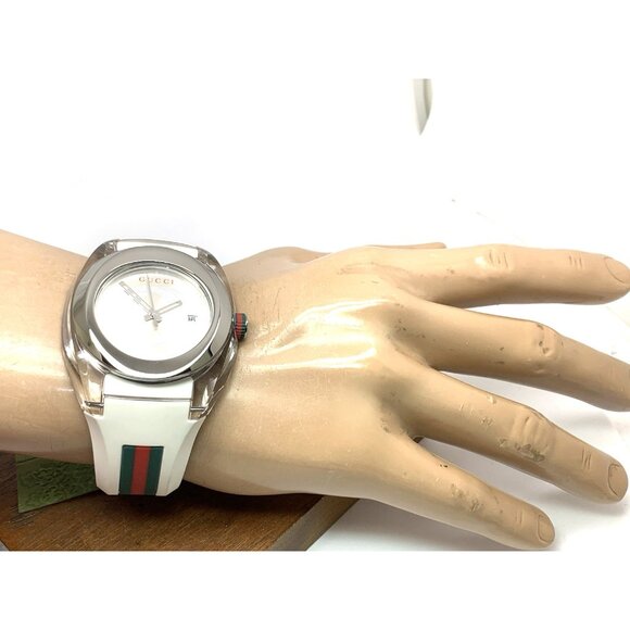 GUCCI Men's Watch SYNC YA137102 Swiss Quartz Clear Case White Rubber Band 46mm - Picture 5 of 14